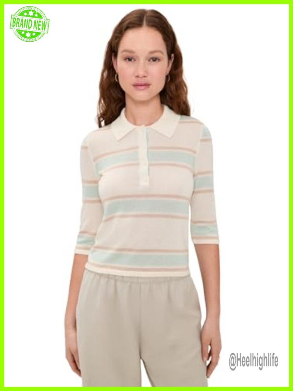 Lightweight Stretch Knit Polo Top 3/4 Sleeve Ribbed Trim Striped